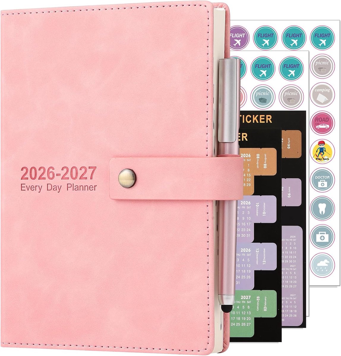 SnelShoppen - Academic Journal 2026-2027, Daily Planner A5, Dagelijkse Agenda, Hard Cover Organizers met Pen, Bookmark, Maand Tabs, Faux Leather, Idea