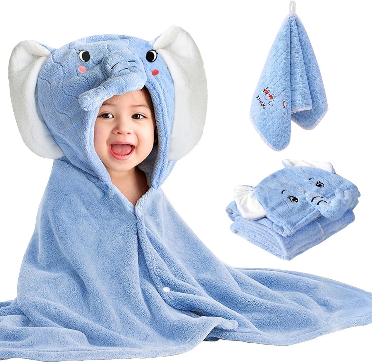 SnelShoppen - Baby Handdoek met Kap, Badhanddoek 80 x 120 cm, Super Absorberende Badcape voor Kinderen, Kaphanddoek en 25 x 50 cm Handdoeken voor Jong