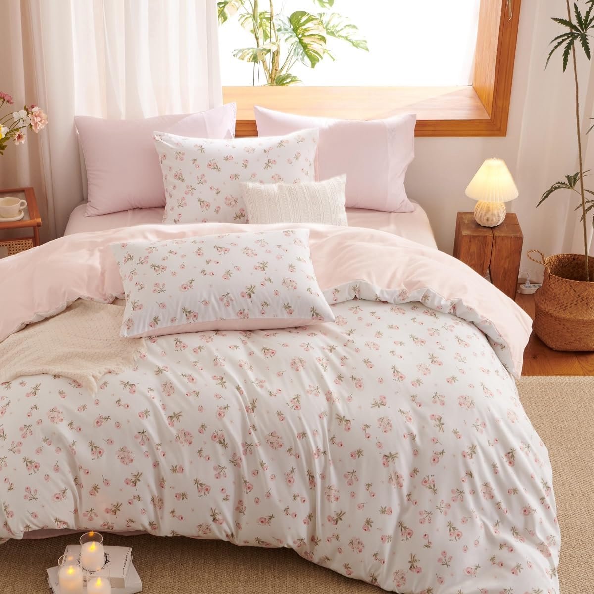 SnelShoppen - Bedlinnen Set 135 x 200 cm, Roze Witte Bloem Motief, Omkeerbaar, Microfiber, Kleurvolle Bladeren, Inclusief 1 Kussensloop 80 x 80 cm, Ae