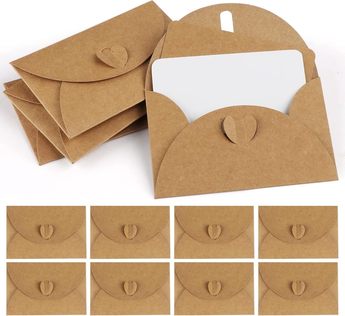 SnelShoppen - Mini Kraft Papier Enveloppen met Hart Sluiting, 100 Stuks Blank Papier Kaarten, 240gsm Vintage Kraft, Perfect voor Cadeaukaarten, DIY Pr