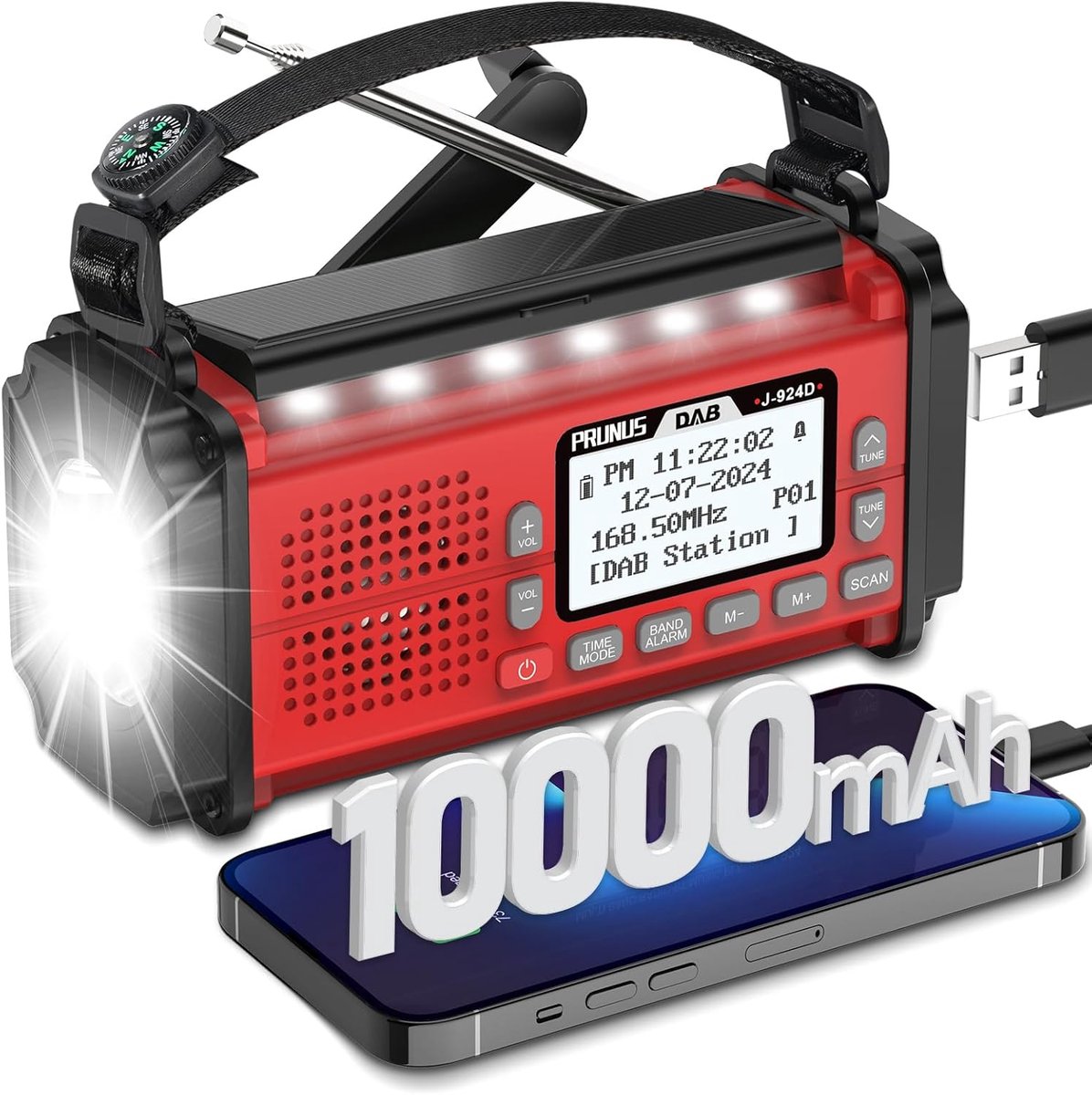 SnelShoppen - PRUNUS J-924 Solar Survival Radio DAB/FM met Dynamo Hand Crank, Portable Rechargeable Radio met 10000mAh Batterij, Flashlight, SOS Alarm