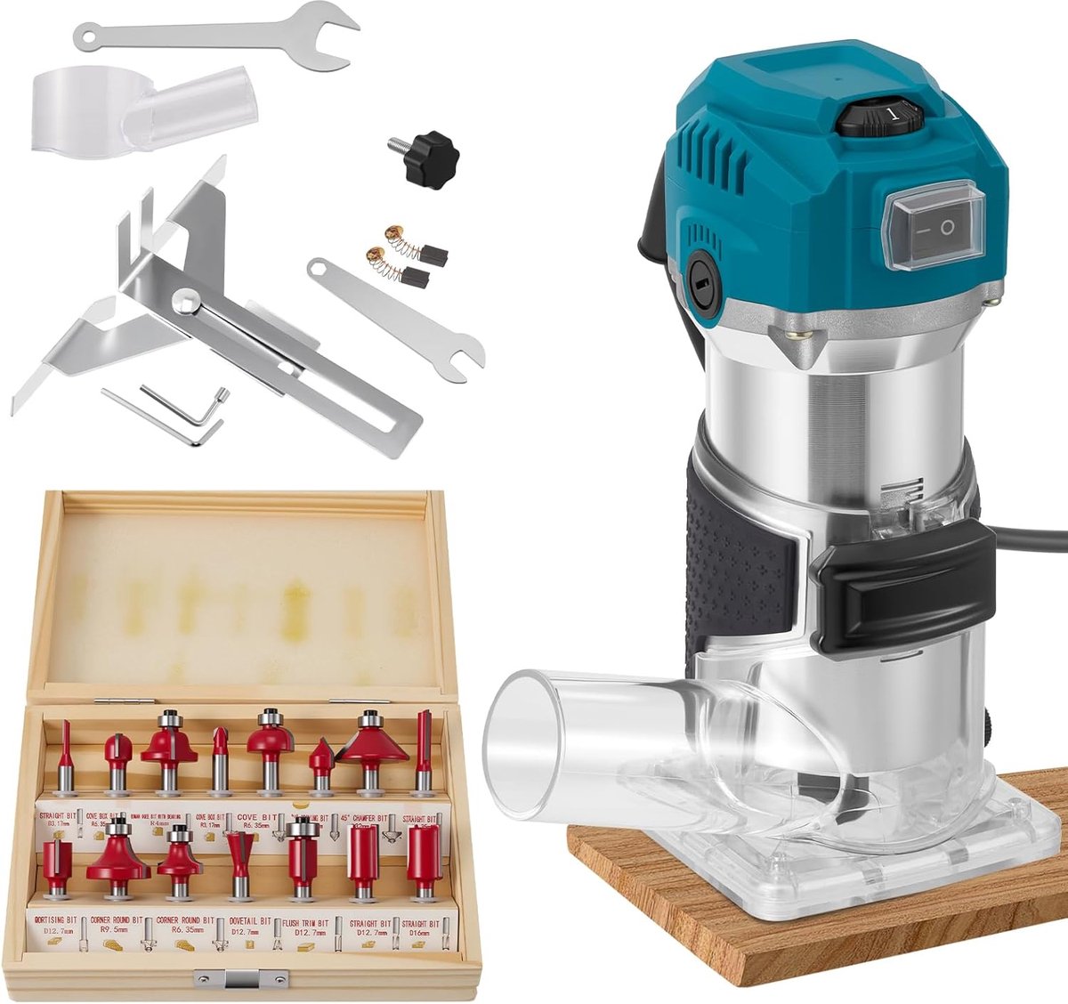 SnelShoppen - Router Trimmer, Multi-Purpose Milling Cutter, 800W, 15-Piece Carbide Milling Cutter Set, 6.0 + 6.35 mm, Edge Cutter, 30,000 RPM, Voor Ho