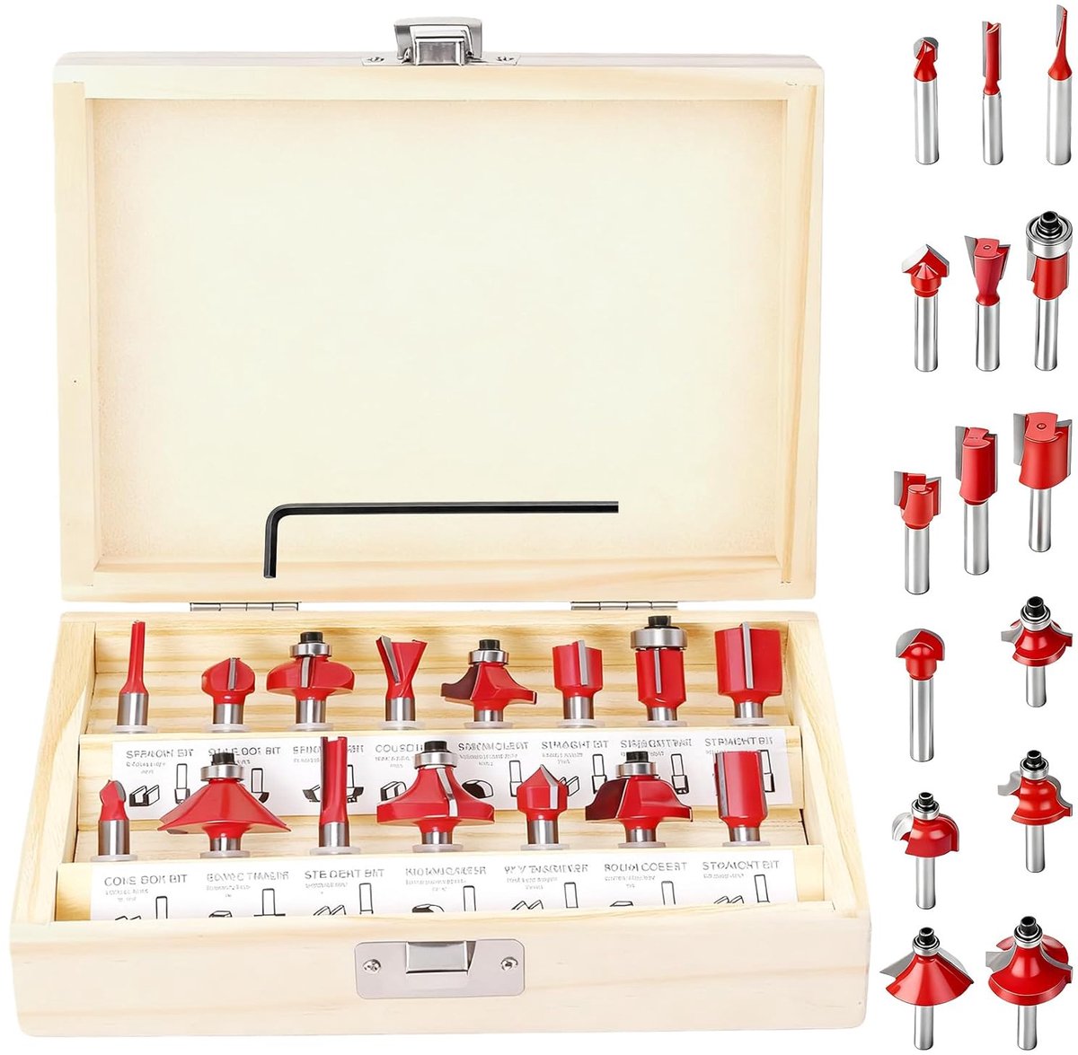 SnelShoppen - 15dlg Router Bit Set met 6mm Schacht, Professionele Freesset met Houten Koffer, Groevenfrees, Profielfrees voor Houtbewerking en Timmerw