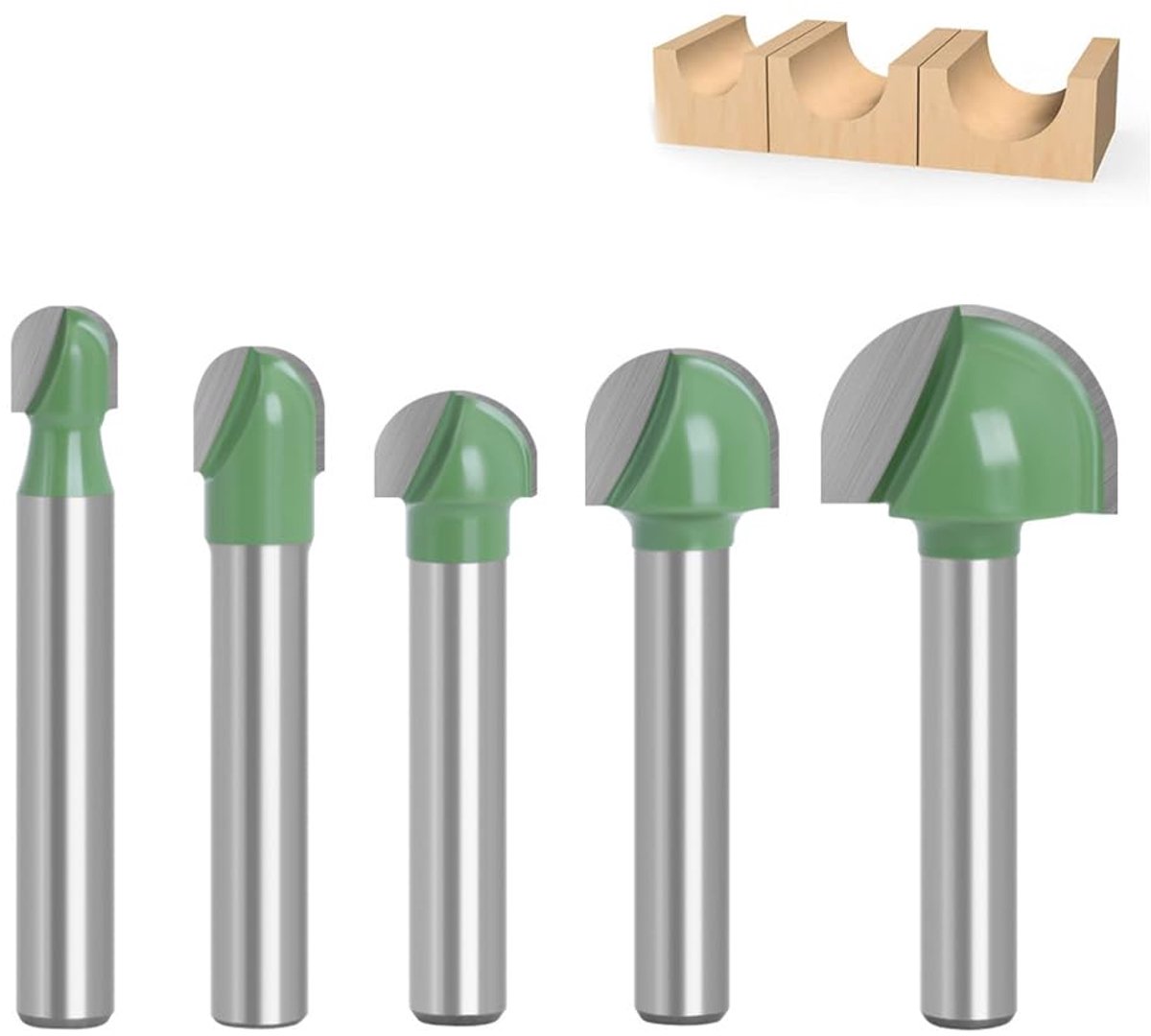 SnelShoppen - 5-delige Holle Bovenfrees Set - Ronde Neus Cove Box Frees voor Houtbewerking - Hardmetaal Houtbewerkingsfrees Groen 6/8/10/12/18 mm