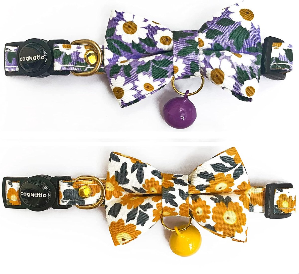 SnelShoppen - Kattenhalsbanden met Bel en Veiligheidssluiting, Bloemen Strik, Verstelbaar, 20-30 cm, 2 Stuks, Oranje+Paars, voor Katten en Puppy’s