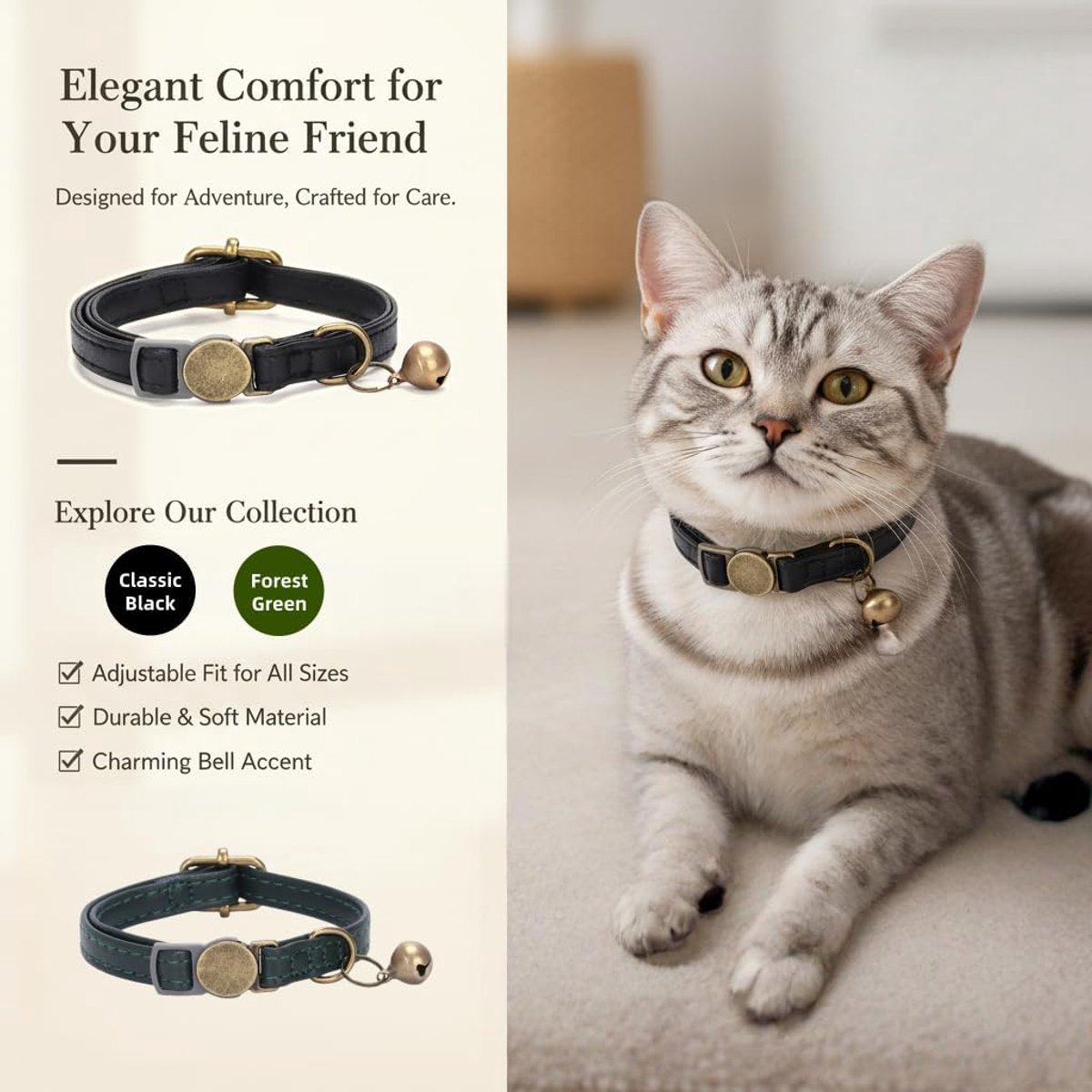 SnelShoppen - Nature Green Lederen Kattenhalsband met Bel - Verstelbare Veiligheidskraag voor Katten en Kleine Honden - Lichtgewicht Hypoallergeen Lee