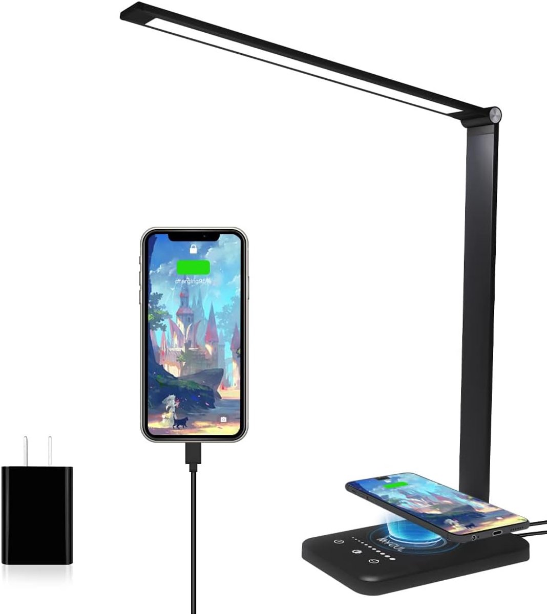 SnelShoppen - LED Tafel Lamp Dimbaar met 5 Kleuren en 10 Helderheidsniveaus, Oogvriendelijke Bedlamp met Draadloze Oplader en USB Poort voor Smartphon