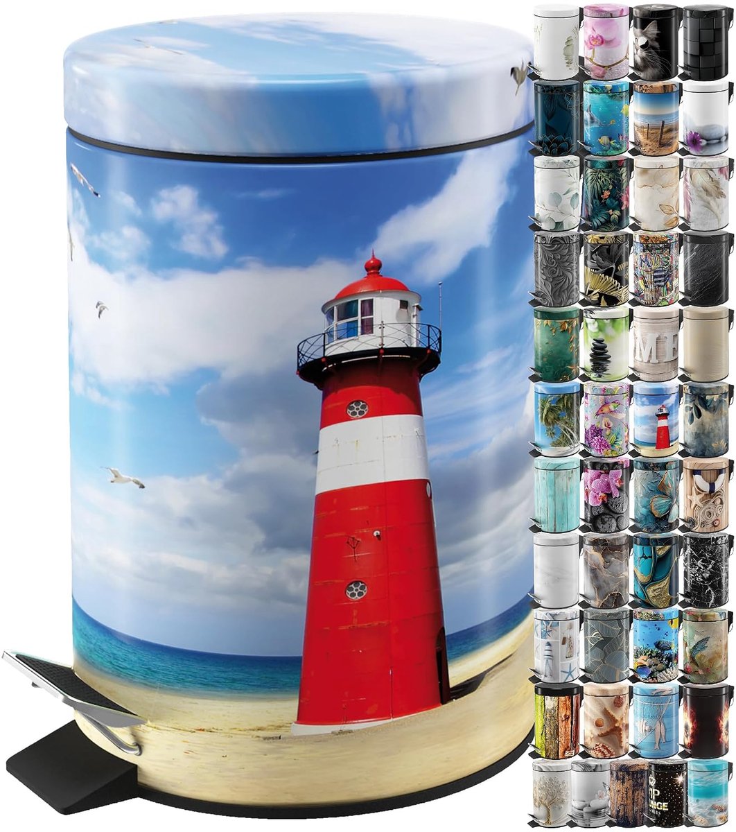 SnelShoppen - Cosmeticabucket 3L met Soft Close Mechanisme, Afvalbak voor Badkamer, Design Prullenbak met Binnenemmer (Lighthouse)