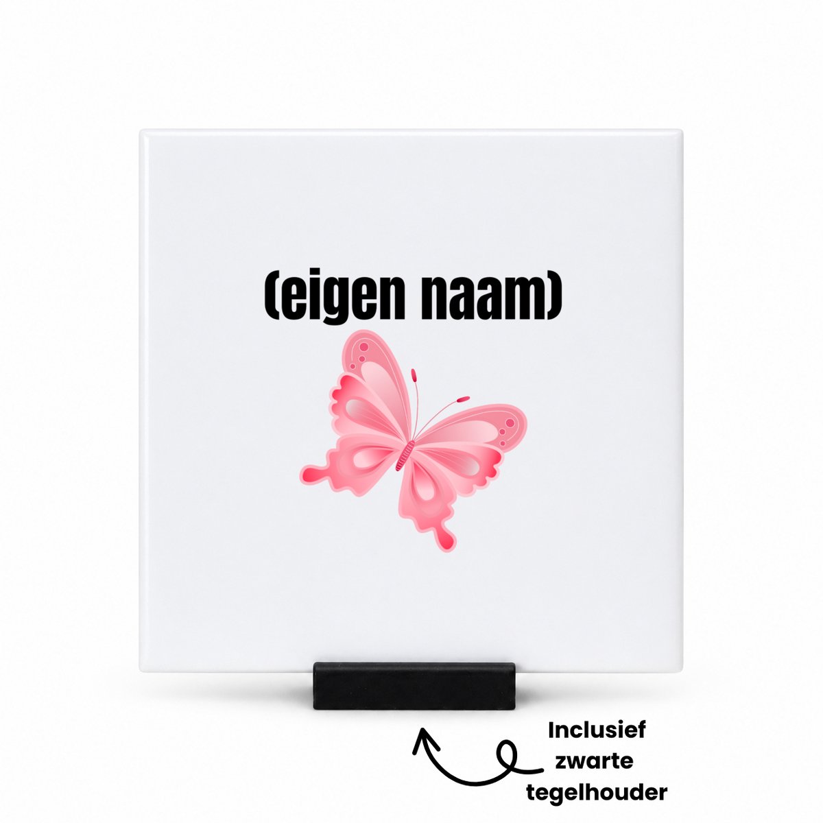 Hacebo roze vlinder met eigen naam tegeltje met tegelhouder - Vlinder - dieren liefhebber - tegeltjes met tekst - iemand die houdt van vlinders - verjaardag - cadeau - kado - geschenk - spreuktegels - 10.8x10.8 CM Wit