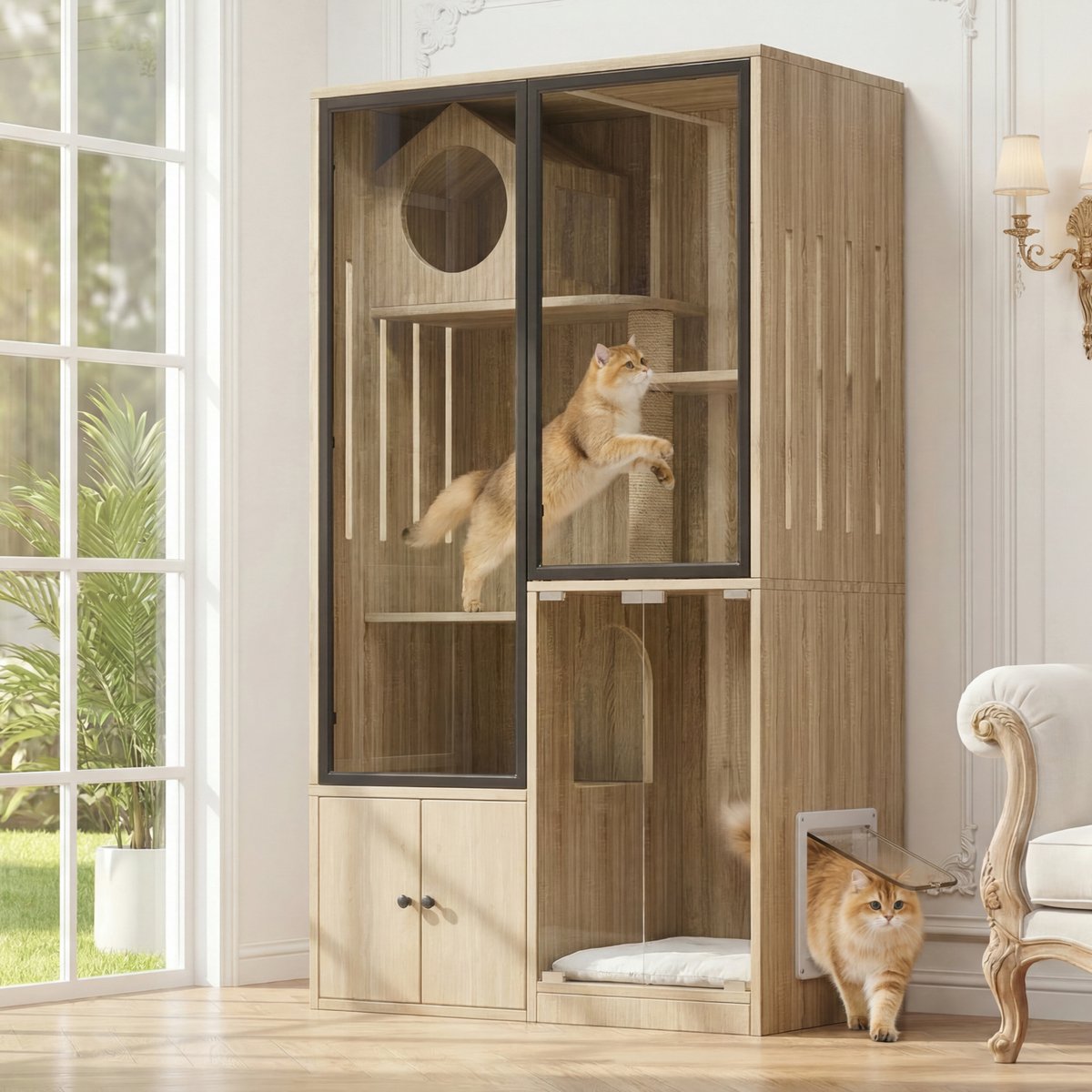 Kattenvilla met Klimrek - Vergrendelbare in- en uitgangsdeur - Houtkleurige afwerking - Afmetingen 90x50x160 cm - Geschikt voor katten & chinchilla's - Zonder kattenbak