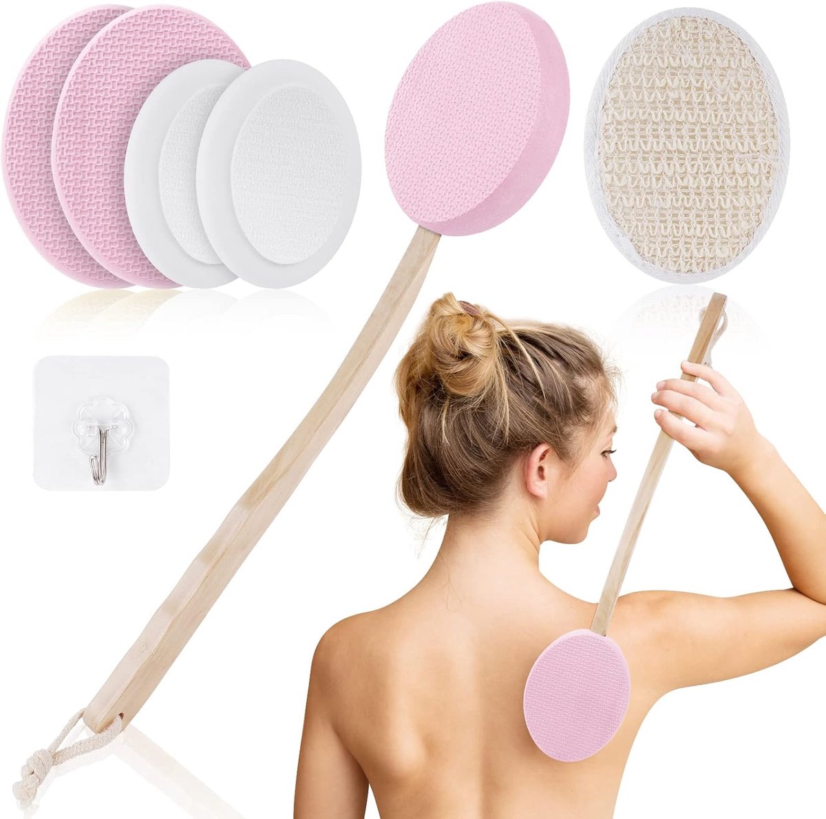 SnelShoppen - URAQT RugcrèMe-Applicator 7-Pack - 2-In-1 Lichaamsborstel met Lange Houten Handgreep - Rugapplicator voor Zelftoepassing en Douche - Roz