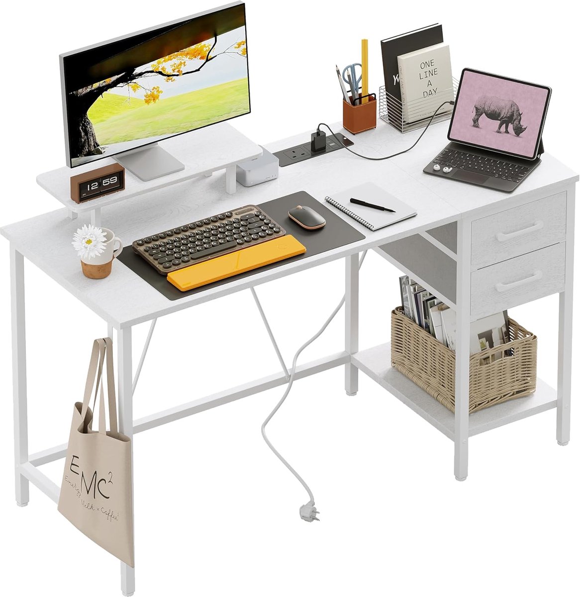 SnelShoppen - Bureau met Stopcontacten, 2 Laden, Afneembare Monitorstandaard, 100x50 cm, Omkeerbare Computertafel, PC-tafel voor Thuiswerk, Werkkamer,