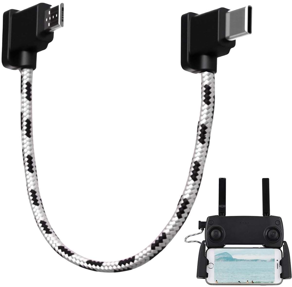 SnelShoppen - Micro-USB naar Type C Afstandsbediening Kabel voor Drones | 14,5 cm Nylon Datakabel met Rechte Hoek voor DJI Mavic Mini/SE/Air/Pro/Spark
