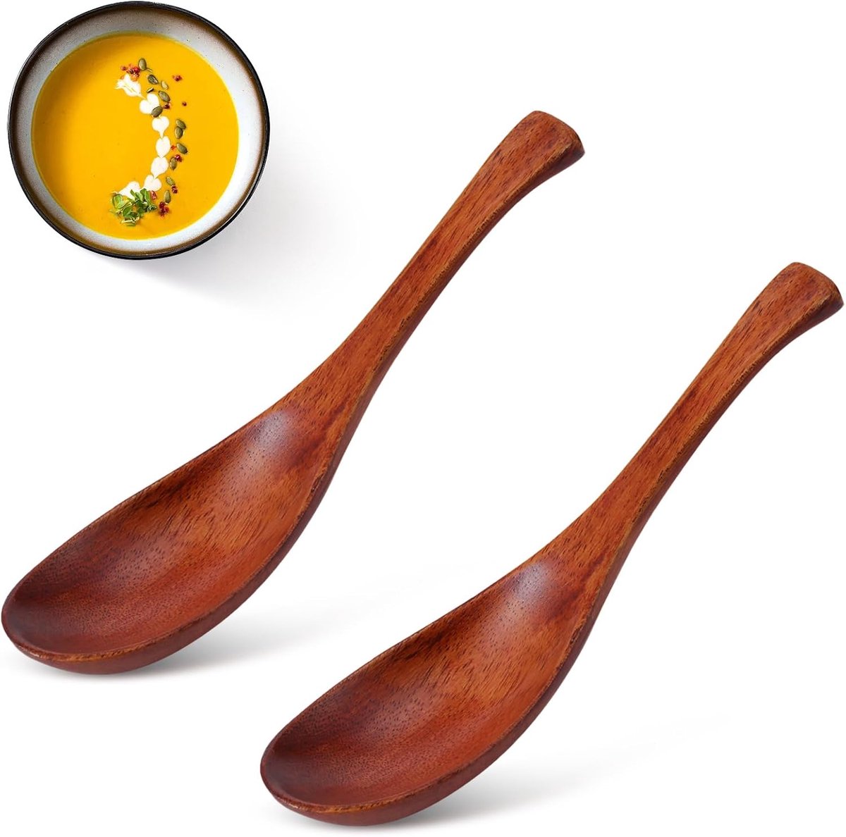 SnelShoppen - Houten Soepscheppen 2 stuks, Japanse Ramen Lepels 6.1 inch Korte Stalen Tafellepels voor Keuken, Koken, Proeven en Diner