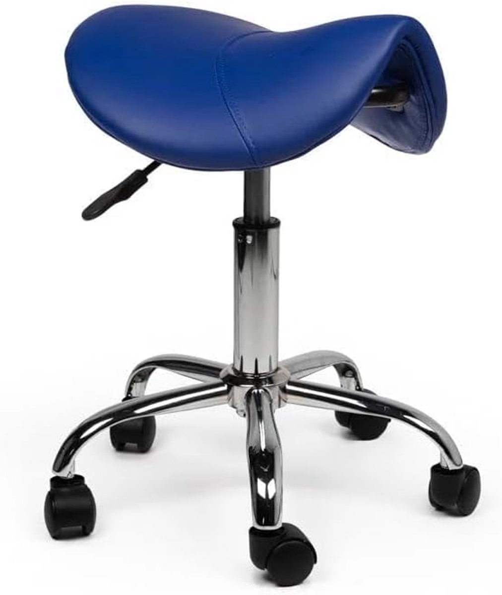 SnelShoppen - Zadelkruk Blauw - Ergonomische Werkkruk met Verstelbare Hoogte - Comfortabele Draaikruk op Wieltjes voor Salon, Kantoor & Thuis - Laag (