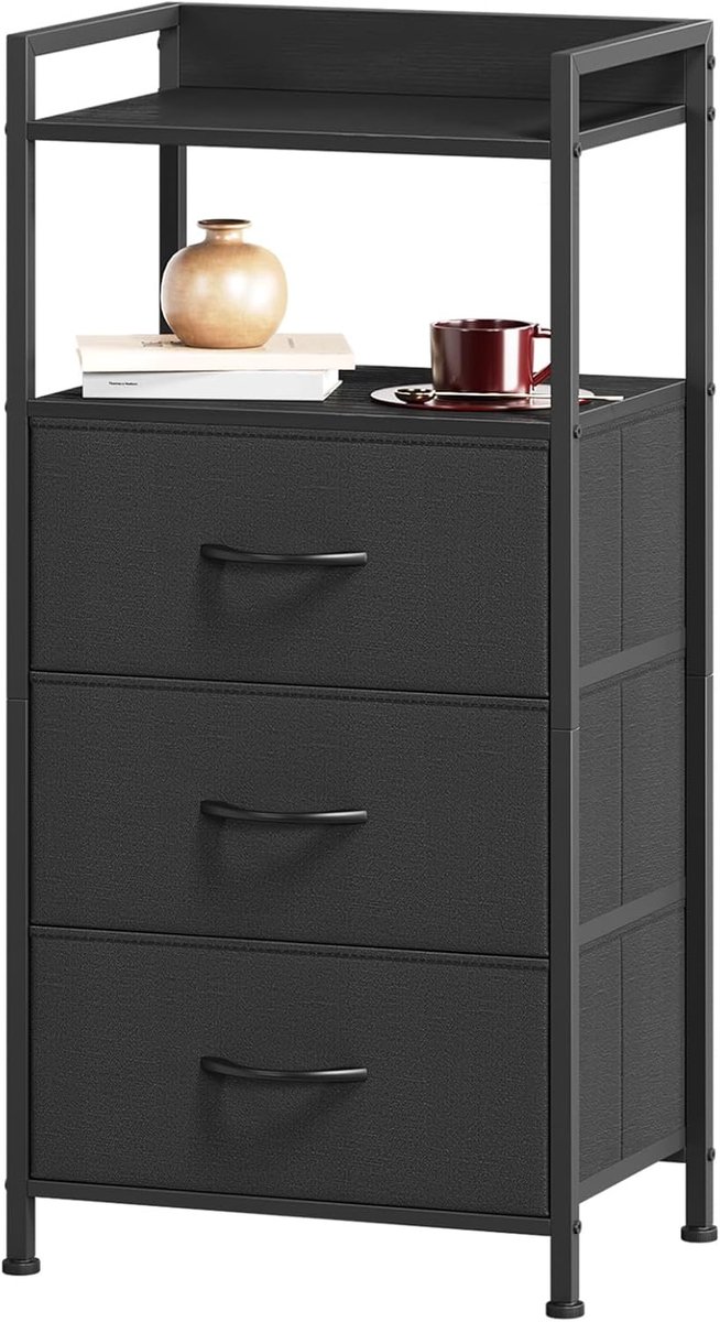 SnelShoppen - Chest of Drawers, 3 Lades, Open Plank, Stalen Frame, Opbergkast voor Slaapkamer, Woonkamer, Zwart, 29D x 38.5W x 77.8H cm