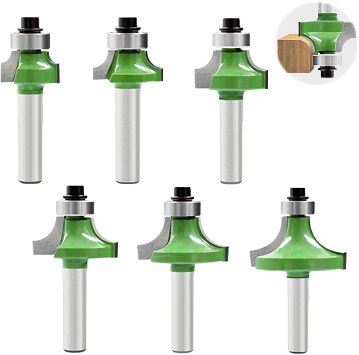 SnelShoppen - Pack van 6 Ronde Houtbewerkingssnijders, 8mm Shank Carbide Radius Cutter met Kogellagers, Router Bits voor Houtbewerking en Trimwerk