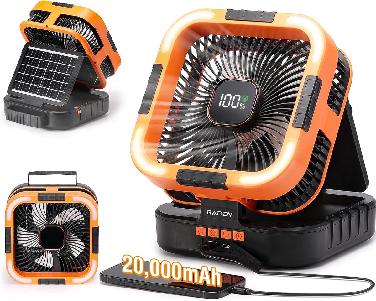 Thijox - Raddy CF3 Draagbare Kampeerventilator met 20000 mAh Batterij, 3W Zonnepaneel, USB Oplaadfunctie, LED Lamp, 6 Snelheden en 90° Oscillatie voor