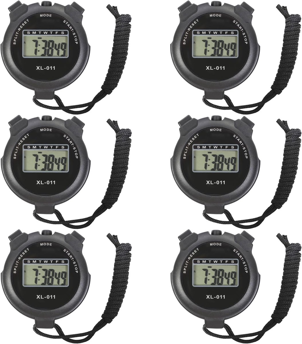 SnelShoppen - 6 Pack Digitale Sport Stopwatch Timer met Groot Display, Alarmfunctie, Datum en Tijd, Voor Coaches en Scheidsrechters - Zwart