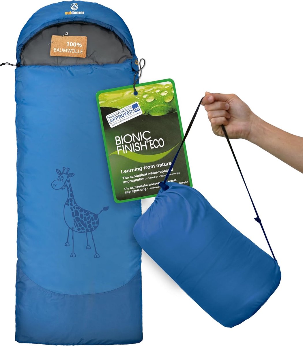 SnelShoppen - Kinderslaapzak Katoen Gevoerd Blauw met Giraffe Print - Ideaal voor Kamperen, Feestjes en Thuisgebruik