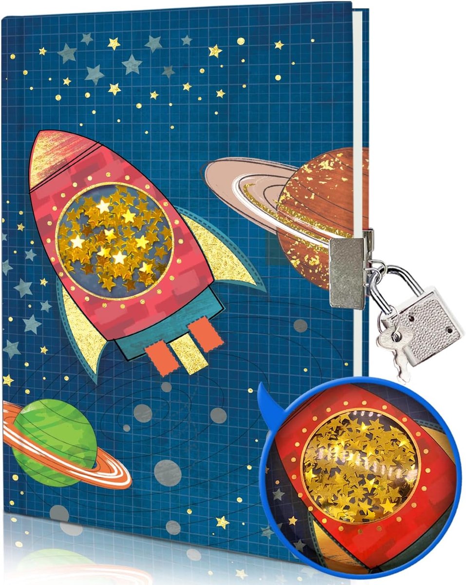 SnelShoppen - Spaceship Dagboek met Slot voor Meisjes, Schud Pailletten Notitieboek 17.7x13.5cm, 160 Pagina's, Kinderdagboek met Slot, Cadeau voor Kin