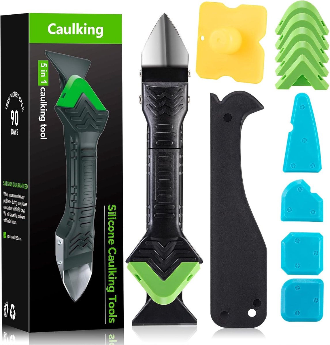 SnelShoppen - Silicone Remover Tool Set 5-in-1 - RVS Kit met 6 Verwisselbare Siliconen Pads - Perfect voor Keuken, Badkamer, Vloer en Spoelbak