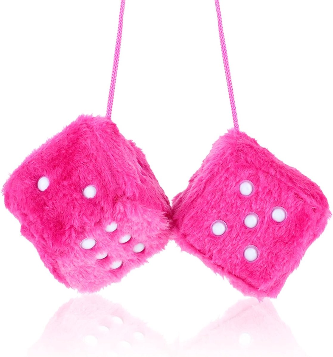 SnelShoppen - 1 Paar Roze Fluffy Dobbelstenen voor Auto, Pluche Achteruitkijkspiegel Accessoires, Retro Vierkante Dice voor Hangen, Auto Decoraties vo