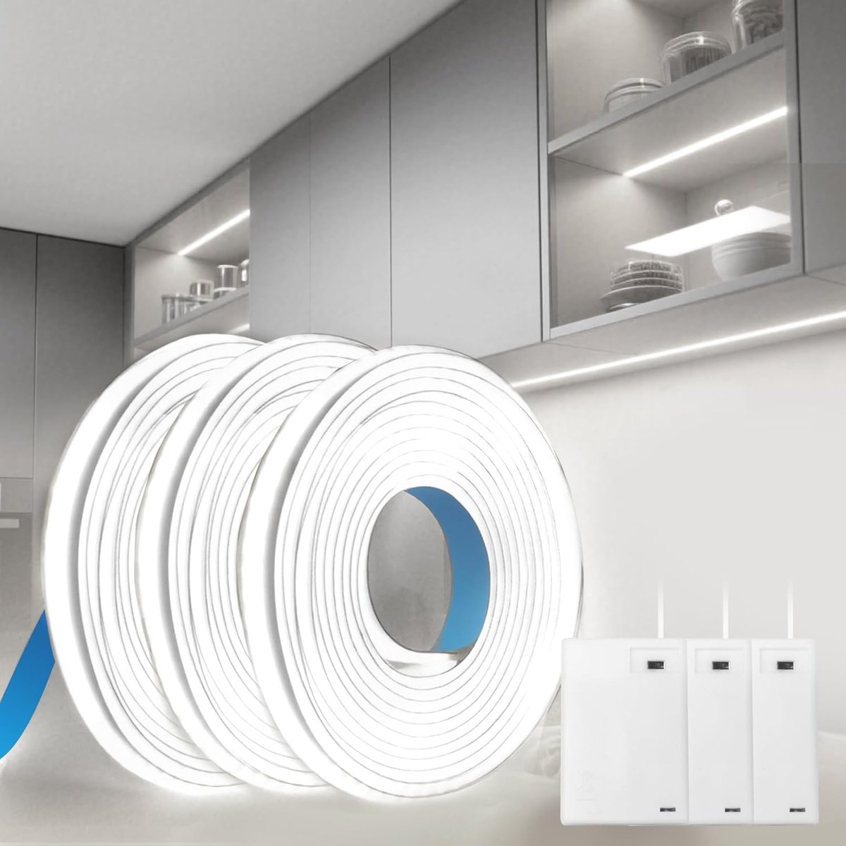 SnelShoppen - LED Strip 3x1M 5V 320LEDs/M COB Wit 6000K Flexibel Zelfklevend Batterij Aangedreven voor Keuken, Slaapkamer, Kasten, Trappen en Woonkame