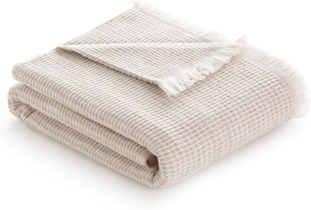 SnelShoppen - Extra Zachte Katoenen Waffle Dekentje 120 x 180 cm in Sand Beige - Multifunctionele Bedsprei voor Sofa, Bed, Decoratieve Bedekking en Ha
