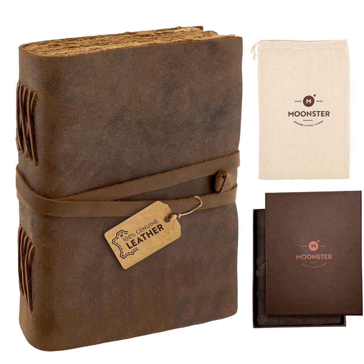 SnelShoppen - Vintage Leer Notitieboek, 240 Pagina's Katoen Papier met Kartelrand, Lege Leren Dagboek, Handgemaakt in Vintage Stijl, MOONSTER Leren Sc
