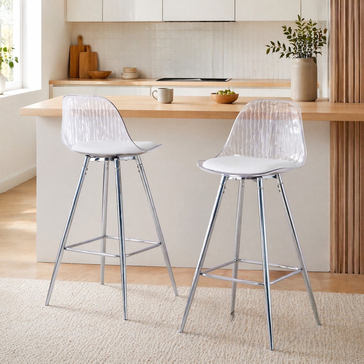 MODENUIT Barkruk 38 x 33 x 96,5 cm - Set Van 2 Met Rugleuning En Voetsteun - Voor Bar En Keukeneiland - Metaal Kunststof - Zilver Transparant