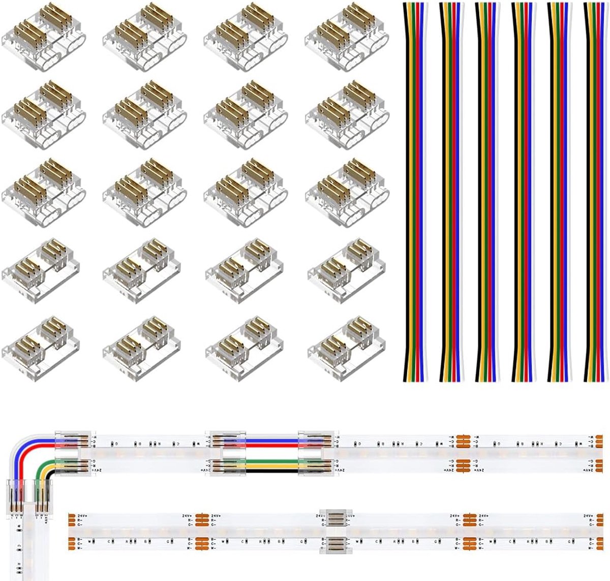 SnelShoppen - 6Pins 12mm RGBCCT Connector Kit met 20 Transparante 15cm 24AWG Verlengkabels voor FCOB LED Strips - Solderen Vrij, Ideaal voor Feesten,