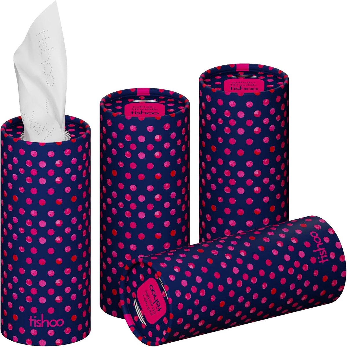 SnelShoppen - Hyaluronzuur Geïnfuseerde 4-laags Ultra Luxe Tissues voor Auto, Thuis & Reizen | 4 Tubes in Plastic-vrije Verpakking | Blauw/Polka Dot