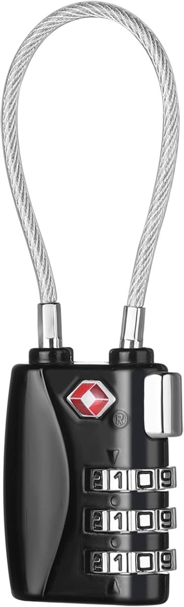 SnelShoppen - TSA Goedgekeurde 3 Digit Combinatie Flexibele Kabel Hangslot - Zwart - Ideaal voor Koffers, Rugzakken, Laptoptassen, Gymkluisjes, Reizen