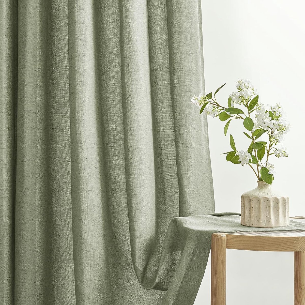 SnelShoppen - Gordijnen Semi-Blackout 140 x 225 cm - Sage Green Natuurlijke Linnen Katoen - Bohemian Chic Raamdecoratie voor Woonkamer en Slaapkamer