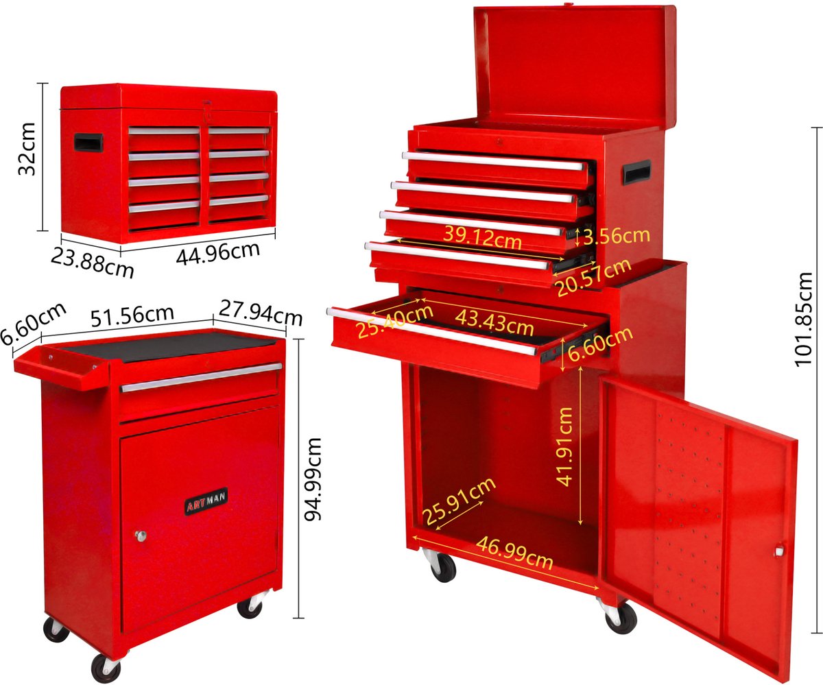 MODENUIT Gereedschapskar - 5 Lades Met Wielen - Garage En Werkplaats - Staal - Rood - 46,99x25,91x101,85 cm