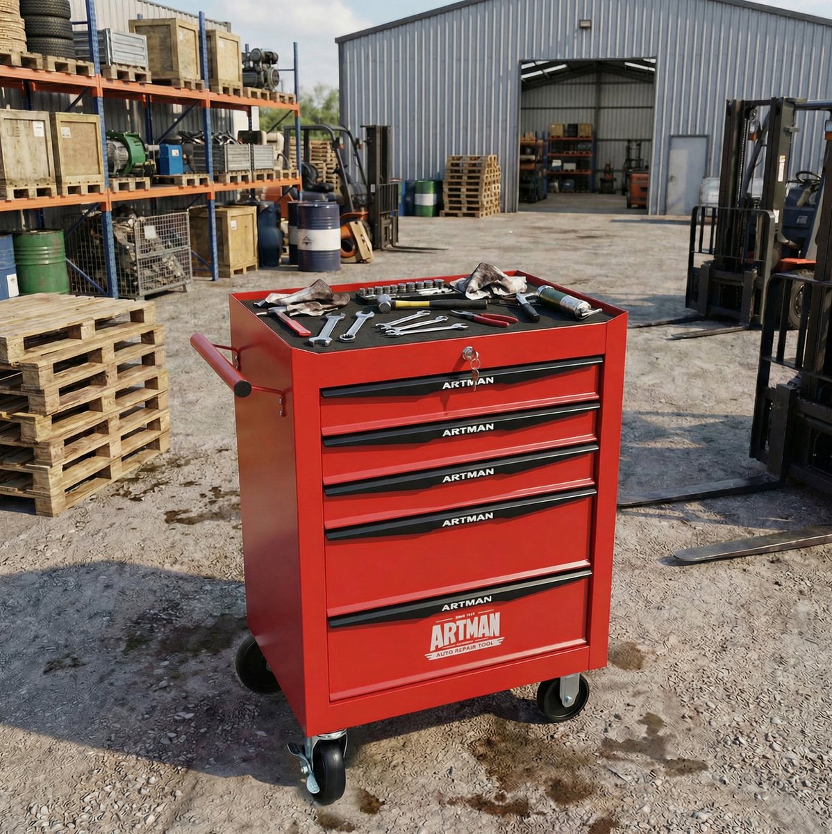 MODENUIT Gereedschapskar - 5 Laden Met Slot En Wielen - Voor Garage En Werkplaats - Staal - Rood Zwart
