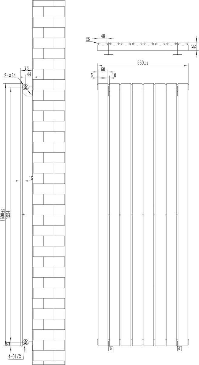 SnelShoppen - Design Radiator Flat Panels 1 Kolom 1600 x 560mm Modern Paneel Centrale Verwarming Matt Zwart Carbon Staal Verticaal Voor Keuken en Woon