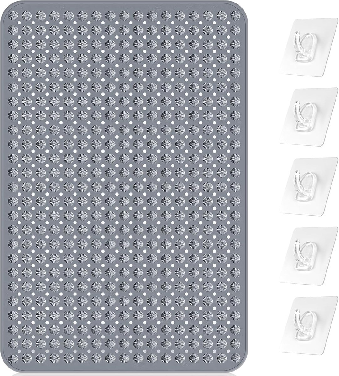 SnelShoppen - Antislip Badmat met Zuignappen, Drainagegaten en 5 Haken, Machinewasbare PVC Massagedouchemat 80 x 120 cm, Grijs - Veilige Antischimmel