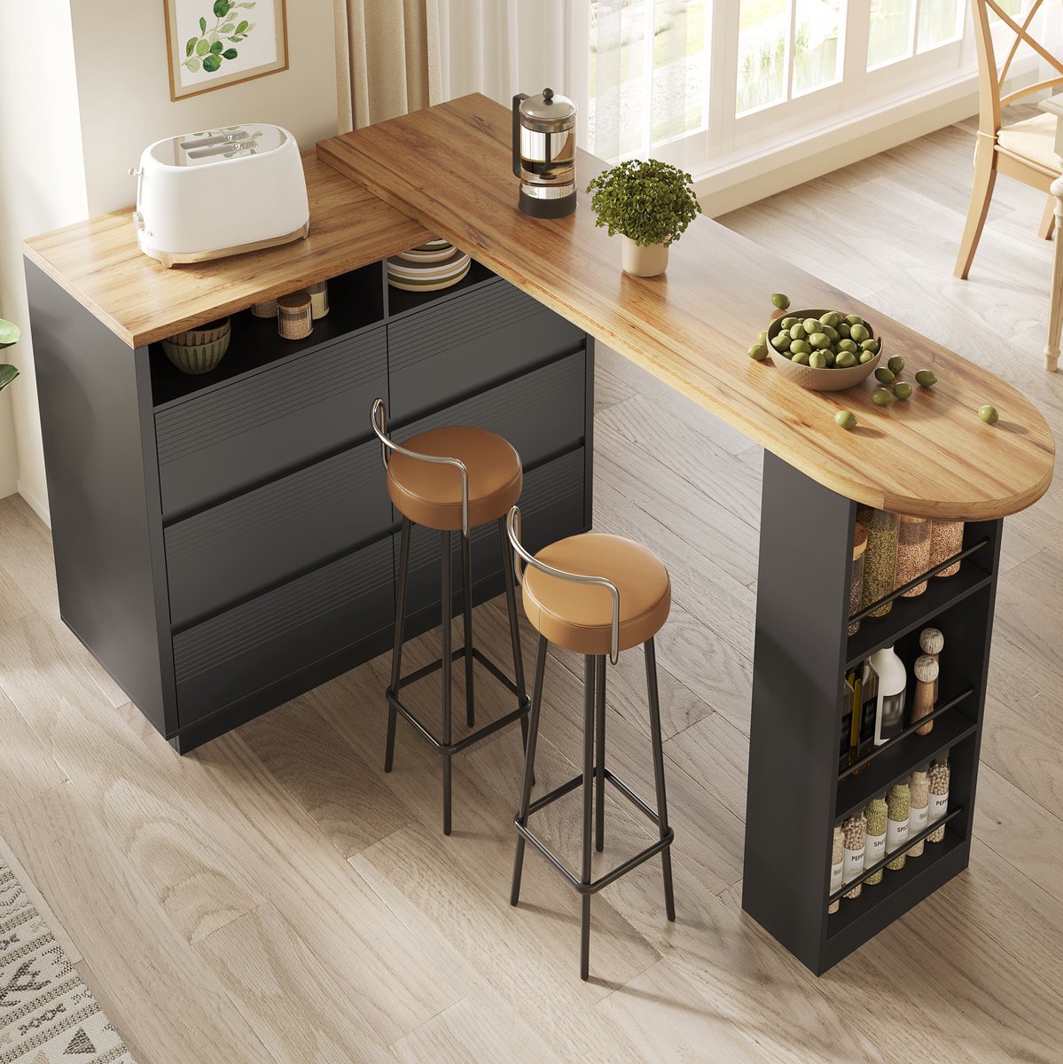 Wishdor - Bartafel - Uitschuifbaar - 6 lades en opbergrek - Modern - Keuken en eetkamer - Houtlook - Zwart - 137-215 x 39 x 102,3 cm