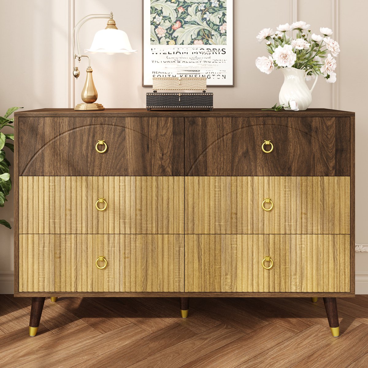 Wishdor - Dressoir - 6 lades en ruim opbergblad - Retro vintage stijl - Woonkamer slaapkamer hal - Houtlook met metalen ringgrepen - Naturel - 120 x 40 x 81 cm