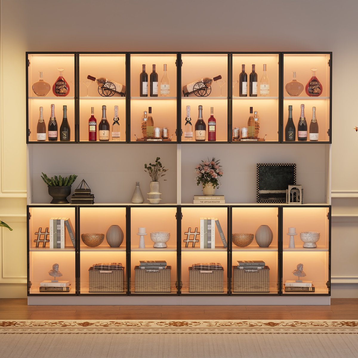 Wishdor - Vitrinekast - 12 glazen deuren met LED-verlichting - hoge opbergkast - modern - woonkamer of winkelruimte - houtlook en glas - wit - 240 x 34 x 200 cm
