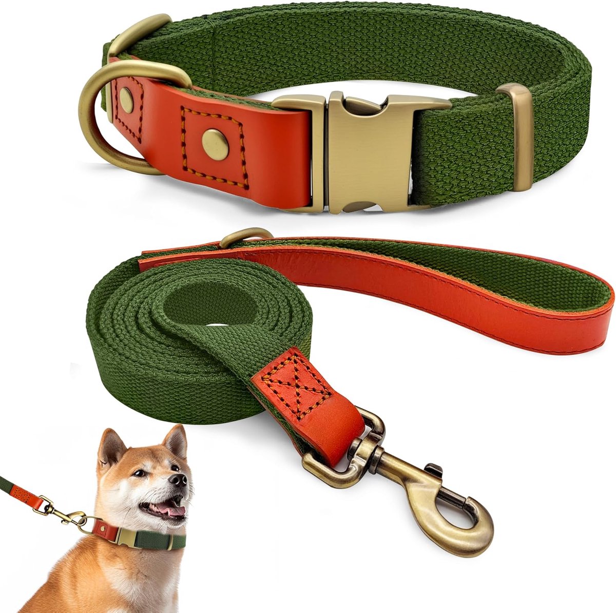 SnelShoppen - Dog Collar and Leash Set - Verstelbare en Robuuste Tactical Leash voor Middelgrote en Grote Honden - Wandelen, Training, Army Groen, Maa