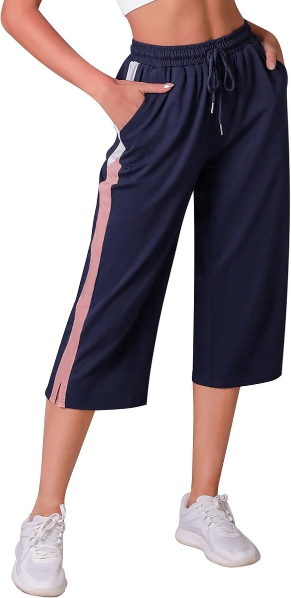 SnelShoppen - Dames Joggingbroeken 3/4 Lengte, Hoog Taille met Zakken, Casual Sportbroeken, Sweatpants voor Vrouwen, Trekkoord, S-XXL, Blauw