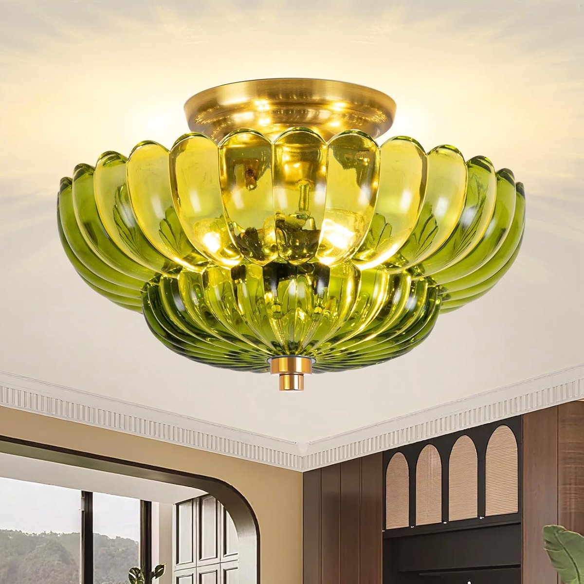 SnelShoppen - Vintage Plafondlamp met Groene Glas Lampshade E27 30cm - Retro Bloemmotief voor Slaapkamer, Hal, Keuken, Eetkamer, Woonkamer - Antiek St