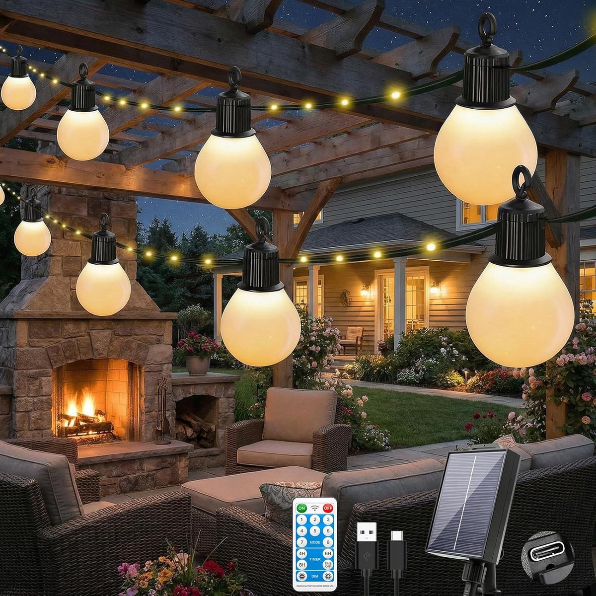 SnelShoppen - 10m LED Solar Fairy Lights met 20 G40 Dimmable Lichten - USB-C Oplaadbare Tuinverlichting - Weerbestendig voor Feesten, Tuin, Camping en