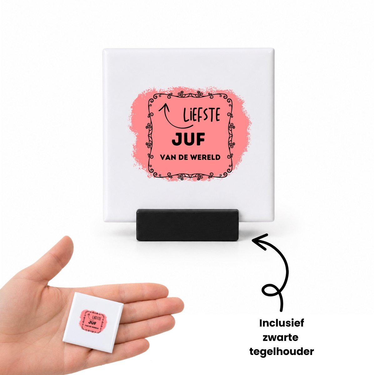 Hacebo liefste juf van de wereld tegeltje met tegelhouder - Juf - de liefste juf - tegeltjes met tekst - verjaardag - cadeautje voor juf - kado - geschenk - collega's - spreuktegels - 4.8x4.8 CM Wit