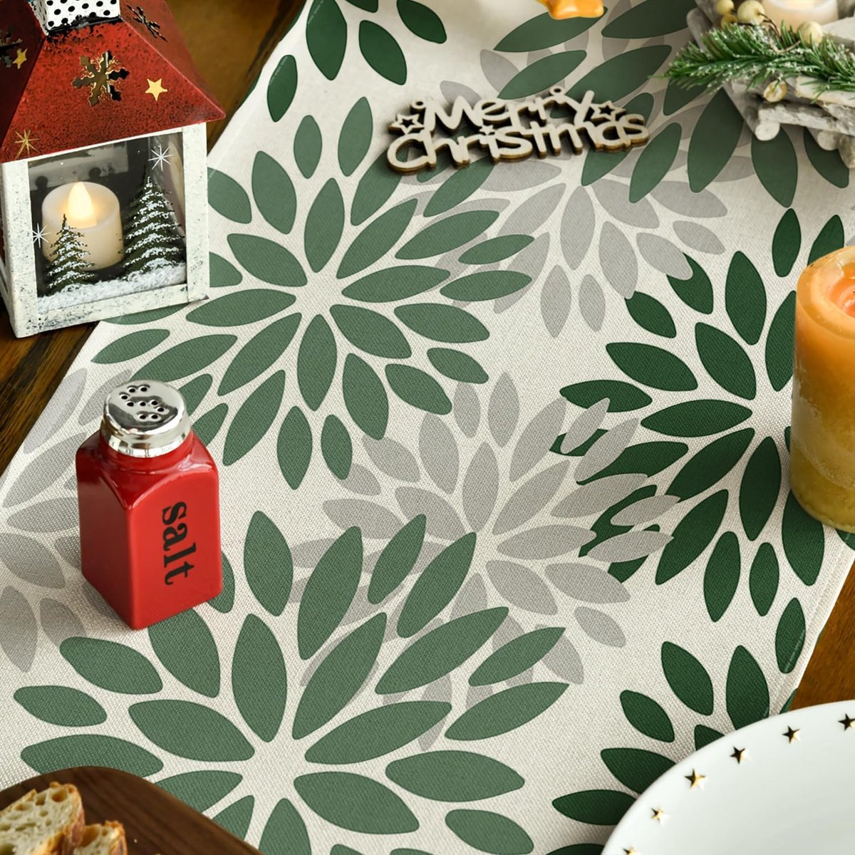 SnelShoppen - Tafelkleed Bloemenprint Groene Dahlia's 40x140cm - 100% Polyester - Perfect voor Keuken, Eetkamer, Feestjes en Seizoensgebonden Decorati