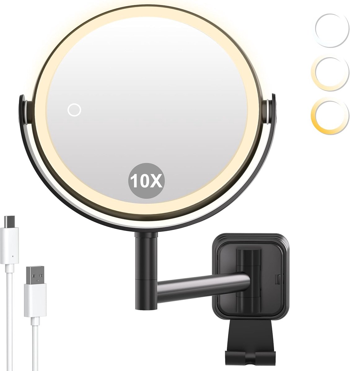 SnelShoppen - Verlichte Cosmeticaspiegel met 2000 mAh Accu, 1x en 10x Vergroting, Dimbaar met 3 Kleuren, 360 Graden Rotatie voor Makeup en Scheren in