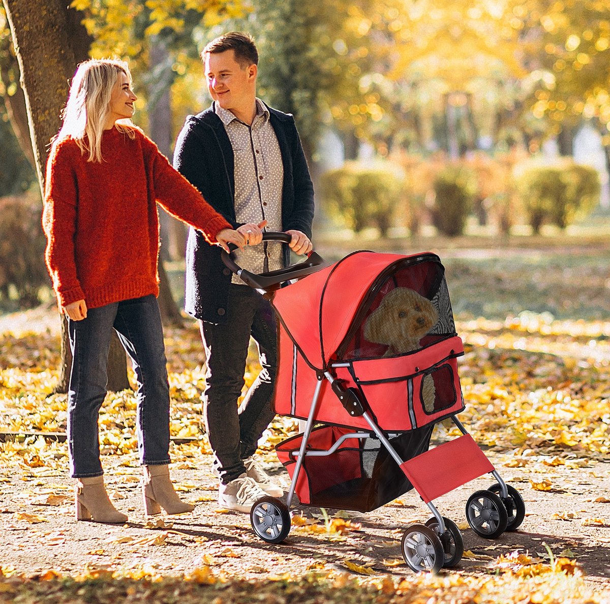 DESMIU Dierenbuggy – Opvouwbaar – 75 x 45 x 97 cm – Polyester – Rood – Voor Kleine Honden Tot 10 Kg – Met Opbergmand